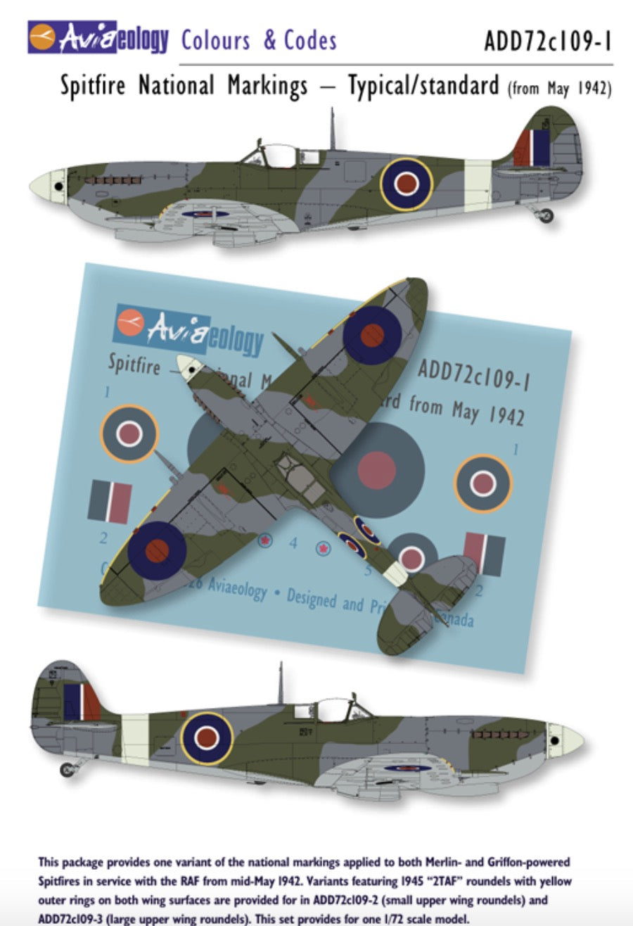 Aviaeology ADD72C109-1 1:72 Supermarine Spitfire National Markings – Standard 1942 to early January 1945