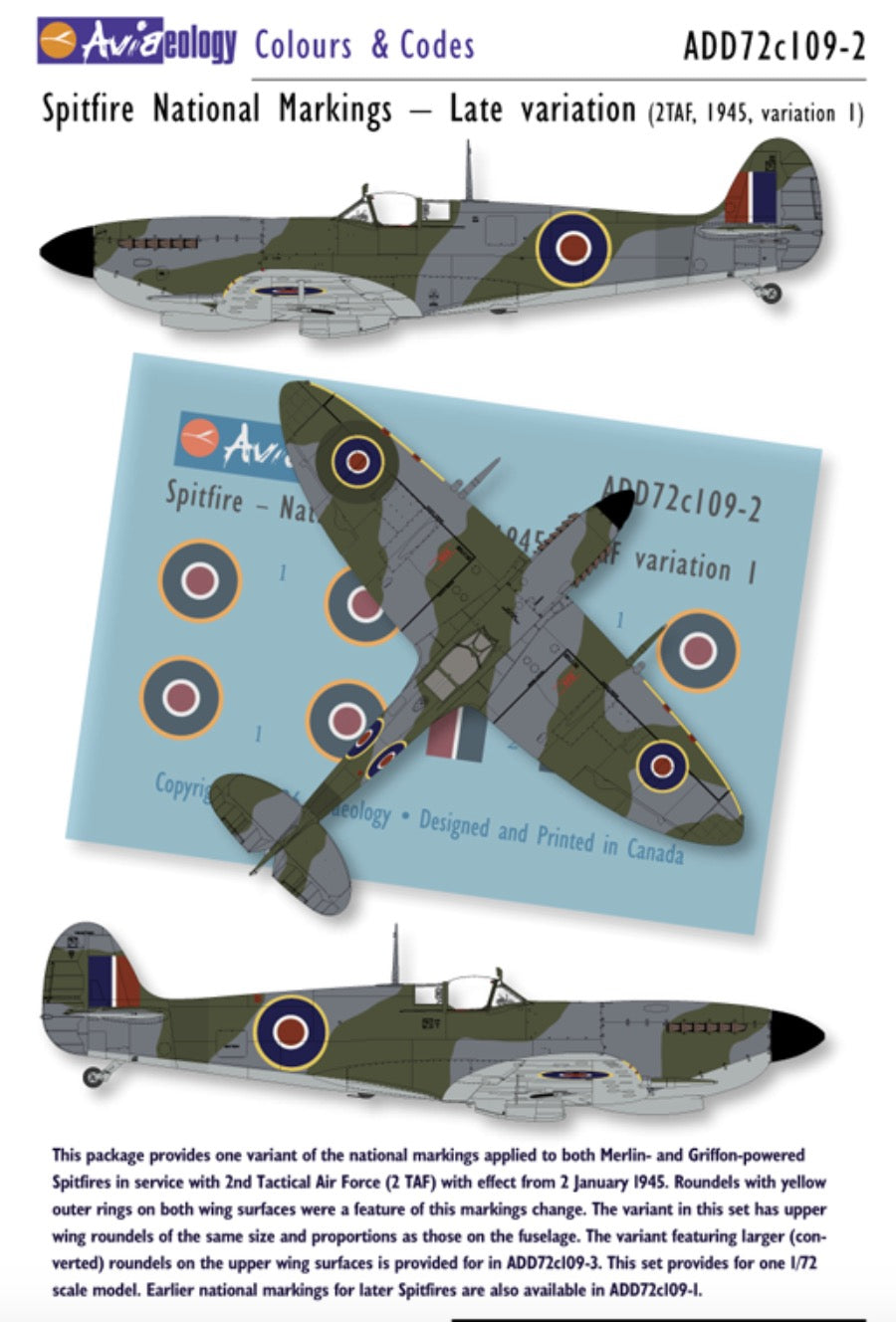 Aviaeology ADD72C109-2 1:72 Supermarine Spitfire National Markings – Late (2 TAF, 1945, variation 1)