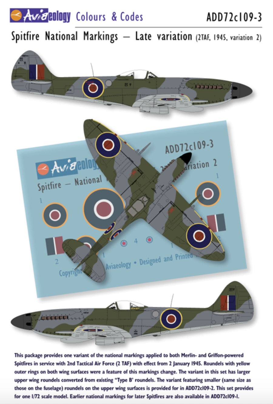 Aviaeology ADD72C109-3 1:72 Supermarine Spitfire National Markings – Late variants (2TAF, 1945, variation 2. large upper wing roundels)