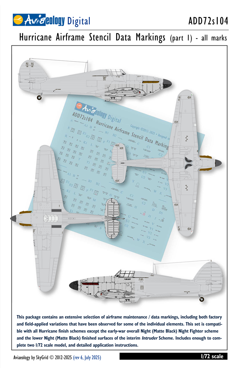 Aviaeology ADD72S104 1:72 Hawker Hurricane airframe stencil/data
