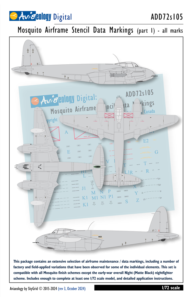 Aviaeology ADD72S105 1:72 de Havilland Mosquito airframe stencil/data