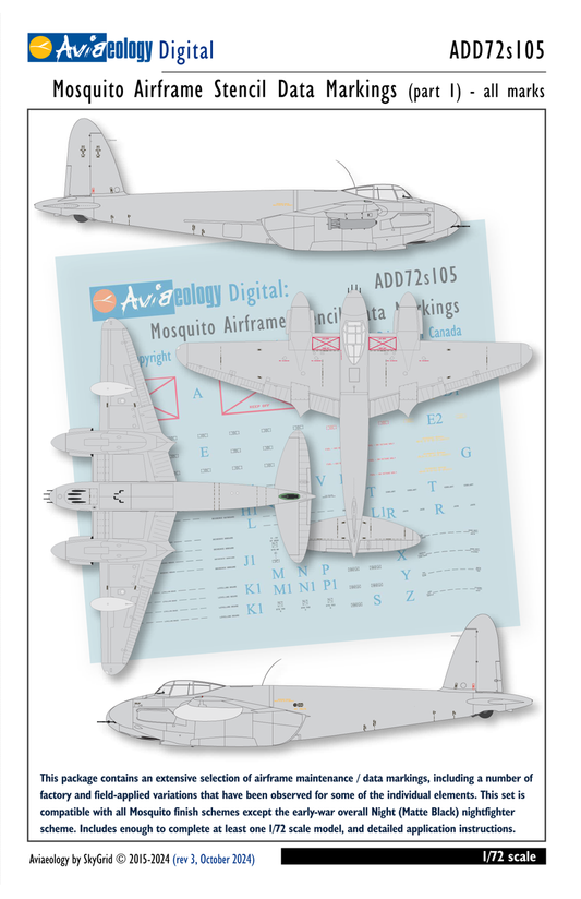 Aviaeology ADD72S105 1:72 de Havilland Mosquito airframe stencil/data