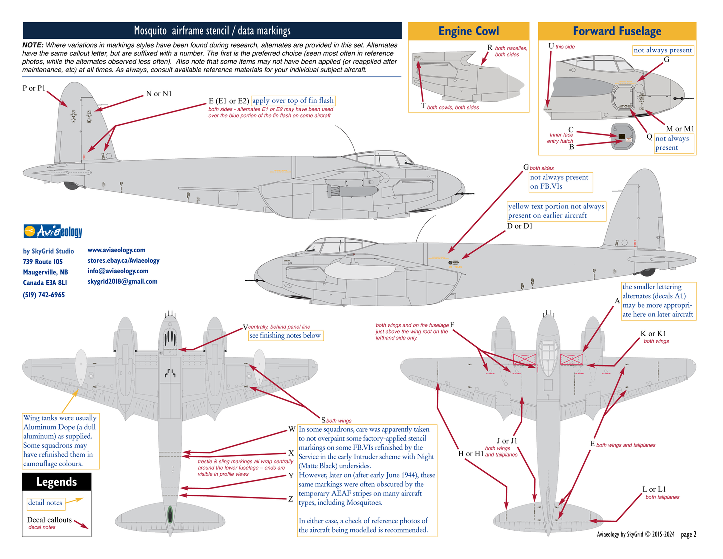 Aviaeology ADD72S105 1:72 de Havilland Mosquito airframe stencil/data