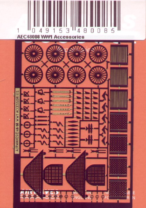 Airwaves (etched) AEC48008 1:48 WWI Aircraft Accessories Seats, Seatbelts, Gunsights etc