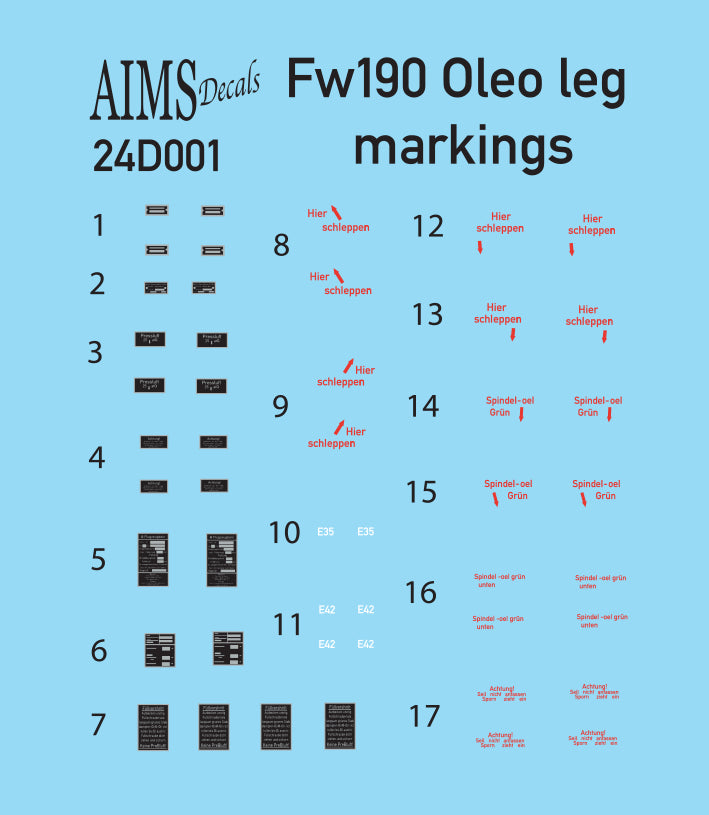 Aims 24D001 1:24 Focke-Wulf Fw-190A-5/Fw-190A-6 Oleo leg stencils