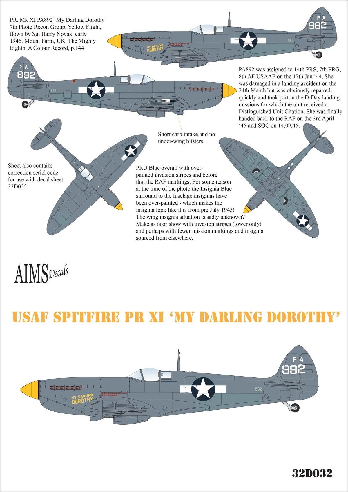Aims 32D032 1:32 Supermarine Spitfire PR Mk.XI USAF For AIMS conversion
