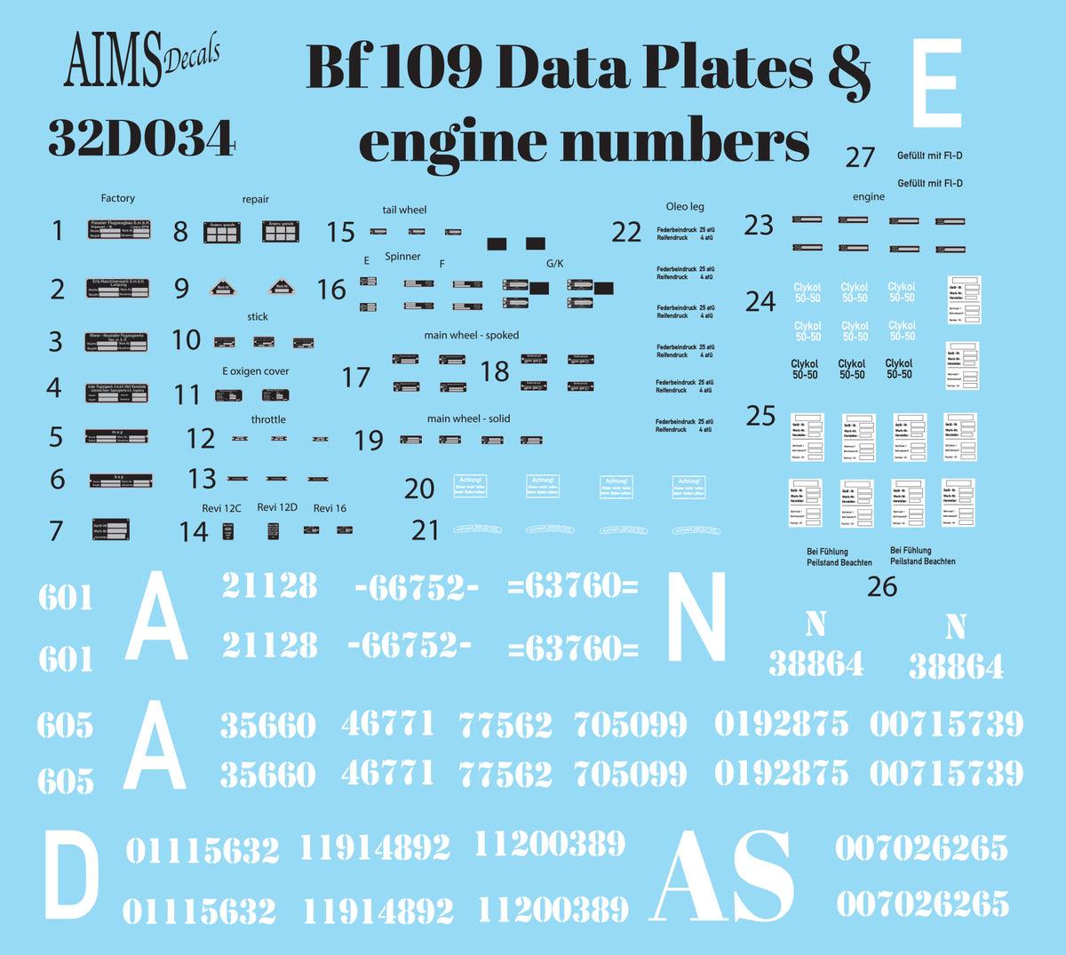 Aims 32D034 1:32 Messerschmitt Bf-109 Data Plates and engine numbers