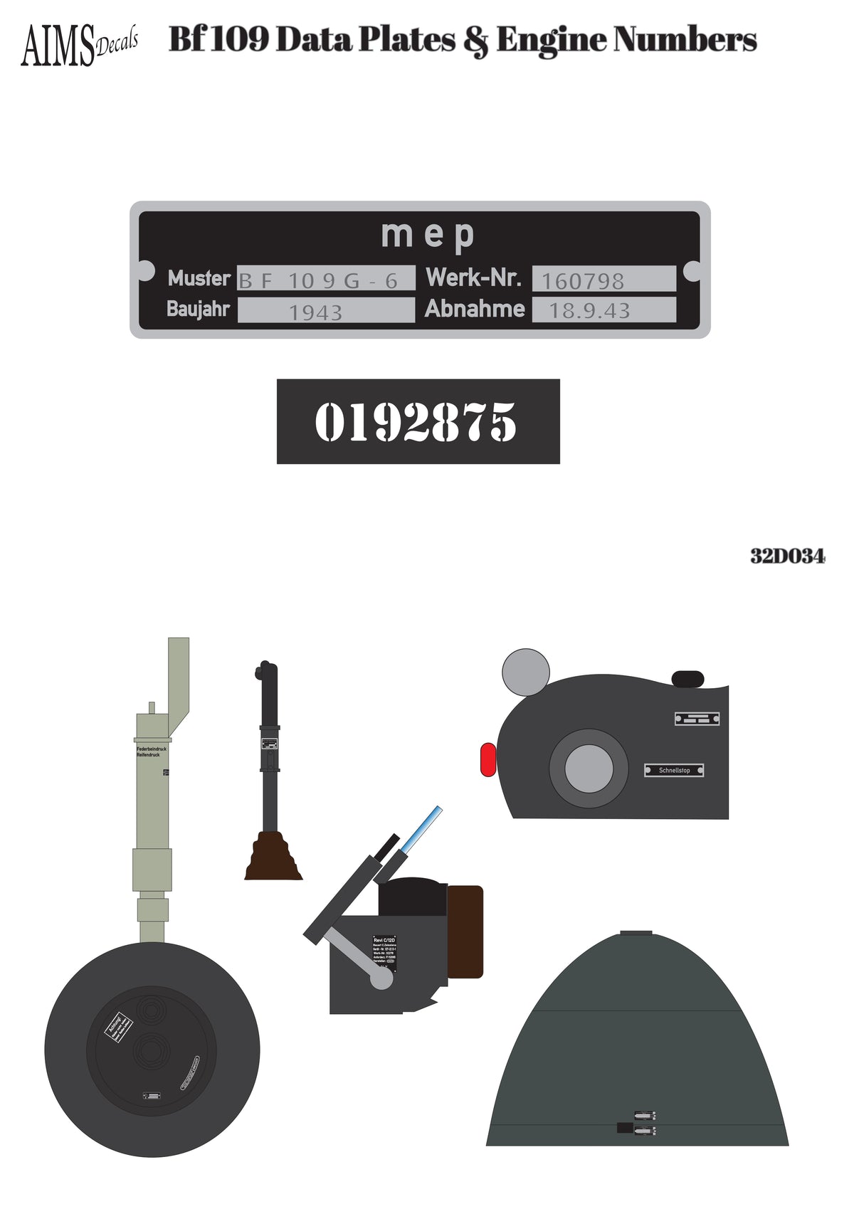 Aims 32D034 1:32 Messerschmitt Bf-109 Data Plates and engine numbers