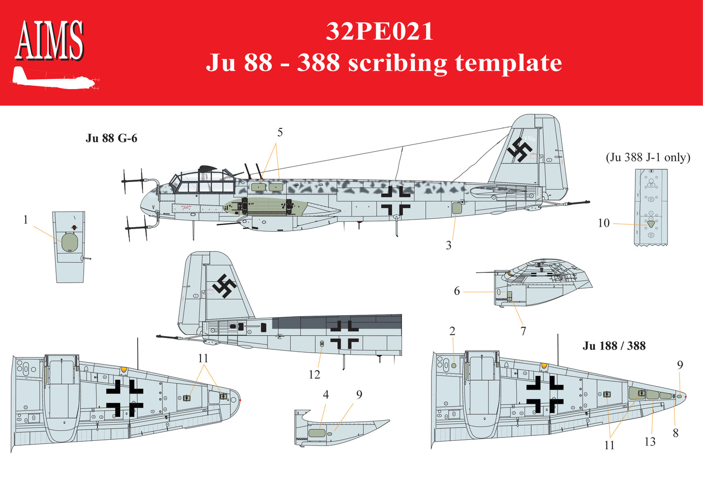 Aims 32PE021 1:32 Junkers Ju-88/Ju-188/Ju-388' panel scribing template