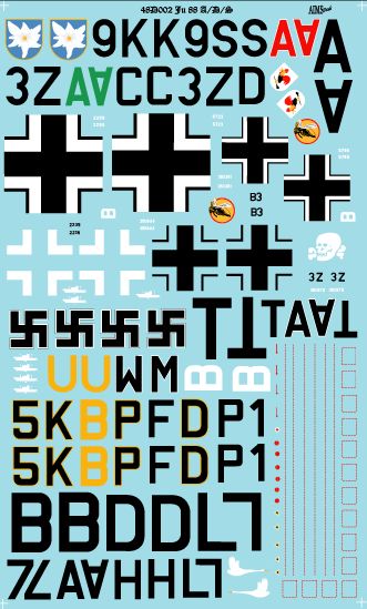 Aims 48D002 1:48 Junkers Ju-88A/Ju-88D/Ju-88 S. Ju-88A-4 9K+AS 8./KG 51; Ju-88A-4 3Z+AC Stab/KG 77, Ju-88A-14 B3+AM 4./KG 54; Ju-88A-16 3Z+UT 9./KG 77; Ju-88A-4 5K+BP 6./KG 3; Ju-88A-4 F1+DP 6./KG 76; Ju-88D-1 7A+LH 3./Auf Gr. (F) 121;