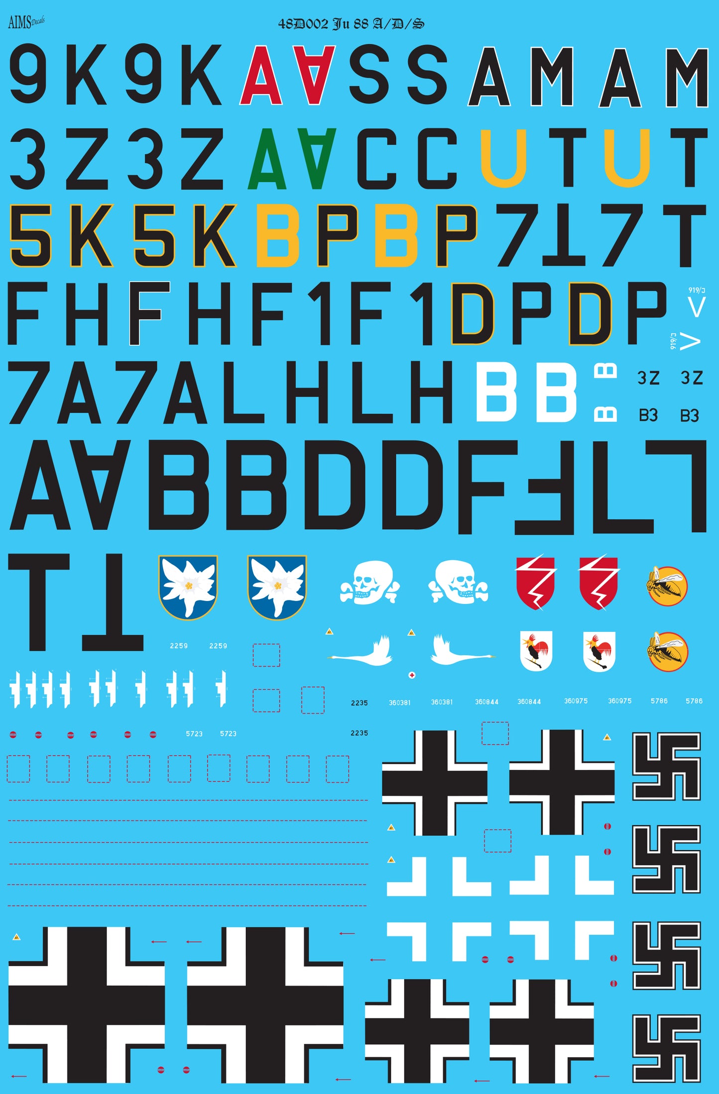 Aims 48D002 1:48 Junkers Ju-88A/Ju-88D/Ju-88 S. Ju-88A-4 9K+AS 8./KG 51; Ju-88A-4 3Z+AC Stab/KG 77, Ju-88A-14 B3+AM 4./KG 54; Ju-88A-16 3Z+UT 9./KG 77; Ju-88A-4 5K+BP 6./KG 3; Ju-88A-4 F1+DP 6./KG 76; Ju-88D-1 7A+LH 3./Auf Gr. (F) 121;