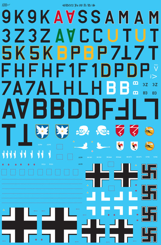 Aims 48D002 1:48 Junkers Ju-88A/Ju-88D/Ju-88 S. Ju-88A-4 9K+AS 8./KG 51; Ju-88A-4 3Z+AC Stab/KG 77, Ju-88A-14 B3+AM 4./KG 54; Ju-88A-16 3Z+UT 9./KG 77; Ju-88A-4 5K+BP 6./KG 3; Ju-88A-4 F1+DP 6./KG 76; Ju-88D-1 7A+LH 3./Auf Gr. (F) 121;