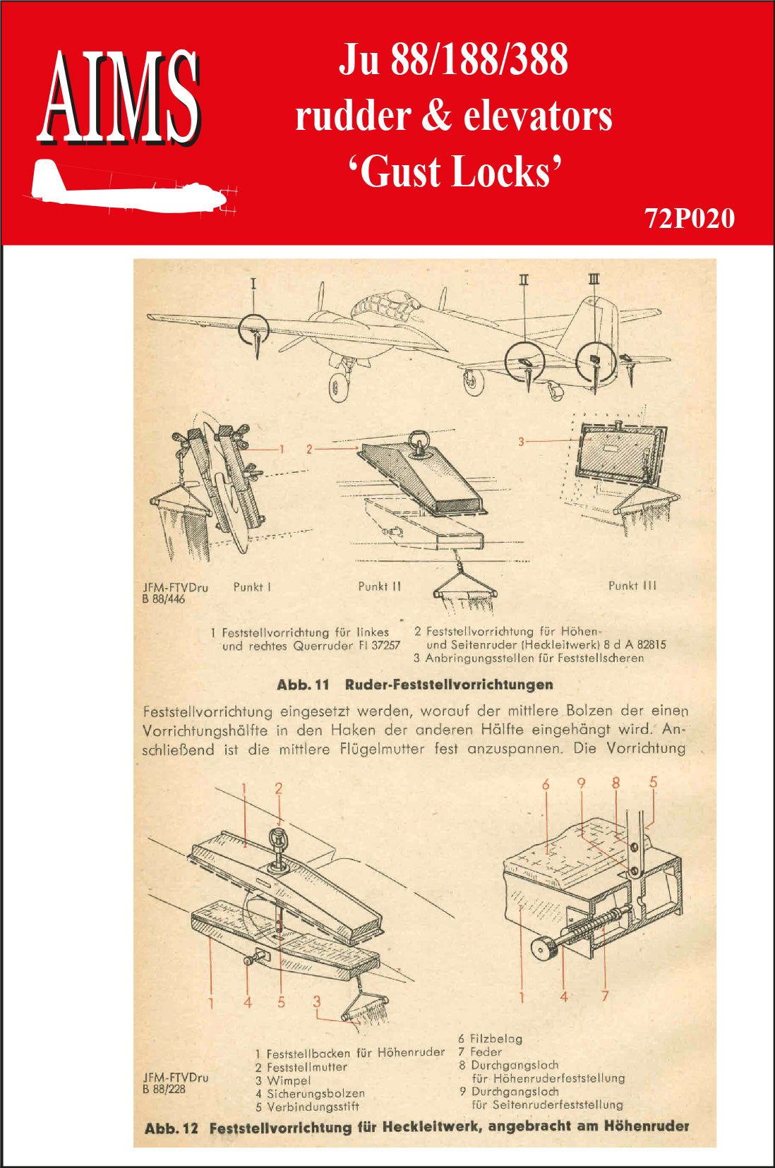 Aims 72P020 1:72 Ju 88 / 188 / 388 rudder and elevators Gust Locks