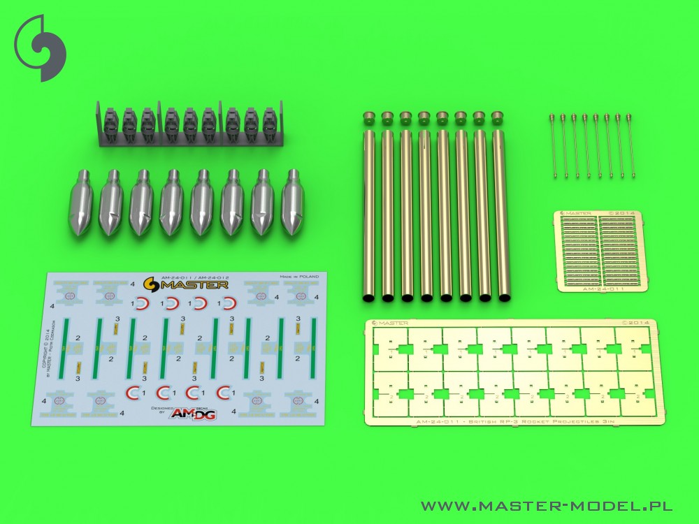 Master 24-011 1:24 British 3in Rocket RP-3 with 60LB SAP heads (8pcs) - for early Mk I rail - used on Typhoon, Mosquito, Beaufighter, Hurricane etc.