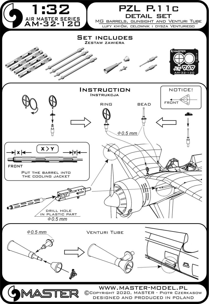 Master AM-32-120 1:32 PZL P.11c - details set - wz. 33 machine gun barrels, gunsight and Venturi Tube