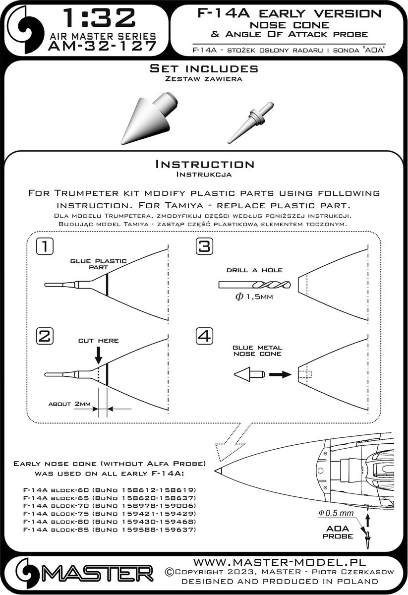 Master AM-32-127 1:32 Grumman F-14A Tomcat early version - nose tip & Angle Of Attack probe
