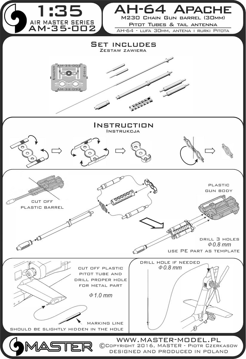 Master AM-35-002 1:35 AH-64A Apache - M230 Chain Gun barrel (30mm), Pitot Tubes and tail antenna
