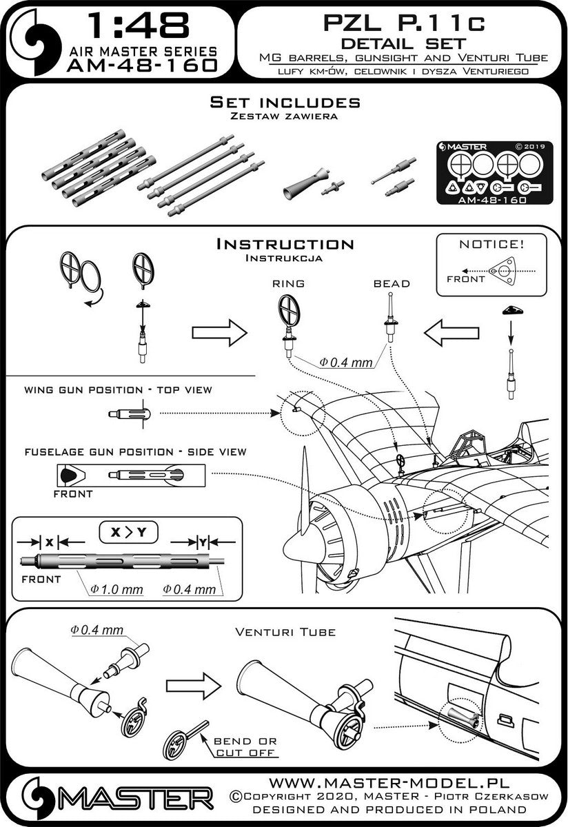 Master AM-48-160 1:48 PZL P.11c - details set - wz. 33 machine gun barrels, gunsight and Venturi Tube