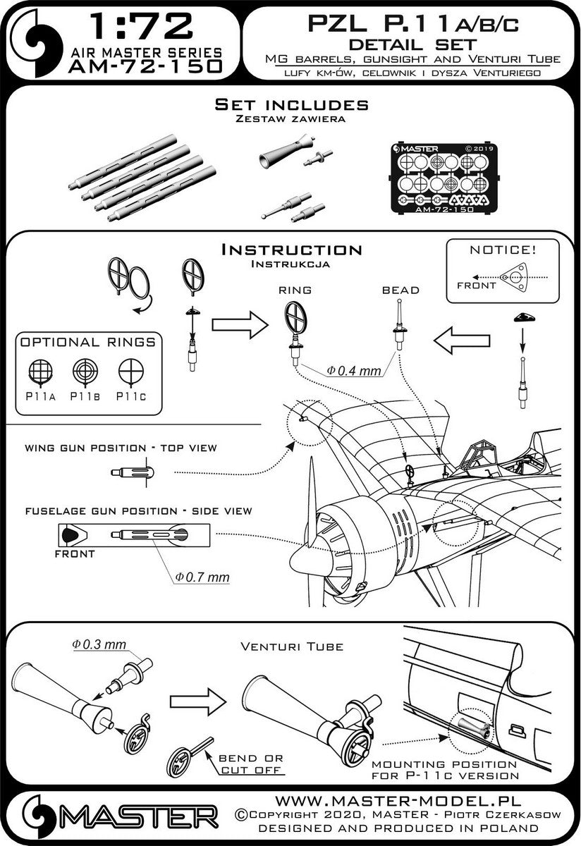 Master AM-72-150 1:72 PZL P.11A/P.11B/P.11C - details set - wz. 33 machine gun barrels, gunsight and Venturi Tube