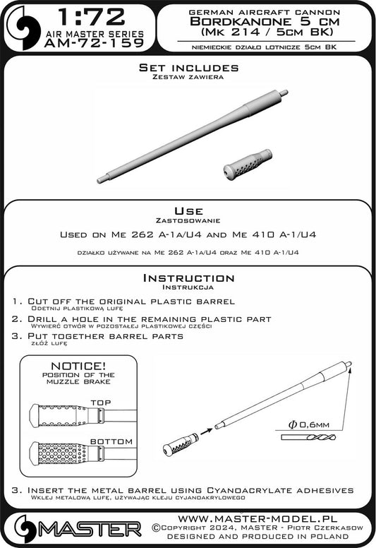 Master AM-72-159 1:72 German cannon Bordkanone 5cm with resin muzzle (Mk 214 / 5cm BK)