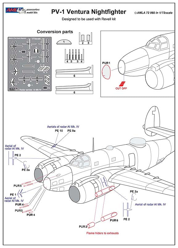 AML A72060 1:72 Lockheed Ventura nightfighter conversion Set with gun nose, night exhausts, radar aerials AI Mk IV