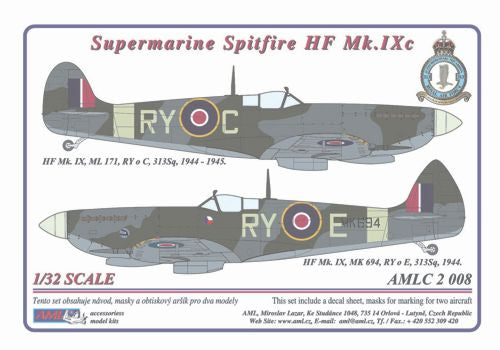 AML C2008 1:32 Supermarine Spitfire Mk.IXC 2 decal versions : RY-C , RY-E. Includes decals for 2 aircraft. National Insignia and Canopy paint masks