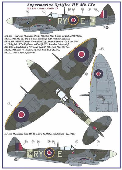 AML C2008 1:32 Supermarine Spitfire Mk.IXC 2 decal versions : RY-C , RY-E. Includes decals for 2 aircraft. National Insignia and Canopy paint masks