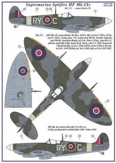 AML C2008 1:32 Supermarine Spitfire Mk.IXC 2 decal versions : RY-C , RY-E. Includes decals for 2 aircraft. National Insignia and Canopy paint masks