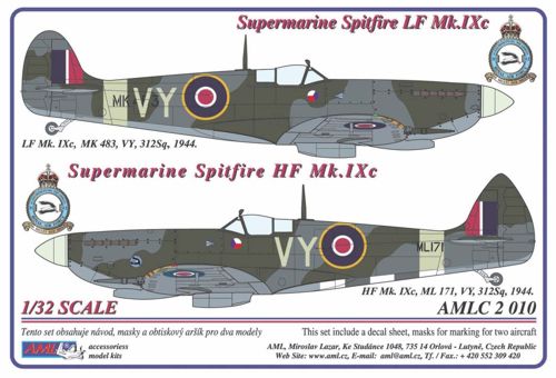 AML C2010 1:32 Supermarine Spitfire Mk.IXC 2 decal versions : VY Includes decals for 2 aircraft. National Insignia and Canopy paint masks