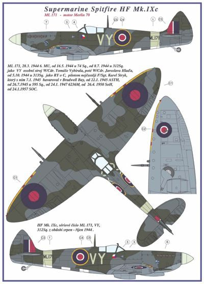 AML C2010 1:32 Supermarine Spitfire Mk.IXC 2 decal versions : VY Includes decals for 2 aircraft. National Insignia and Canopy paint masks