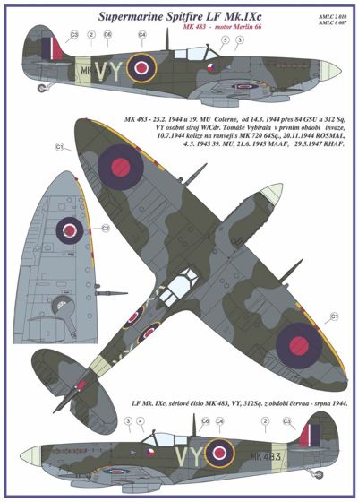 AML C2010 1:32 Supermarine Spitfire Mk.IXC 2 decal versions : VY Includes decals for 2 aircraft. National Insignia and Canopy paint masks