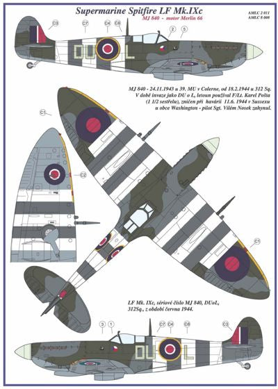 AML C2011 1:32 Supermarine Spitfire Mk.IXC 2 decal versions : DU-L. Includes decals for 2 aircraft. National Insignia and Canopy paint masks