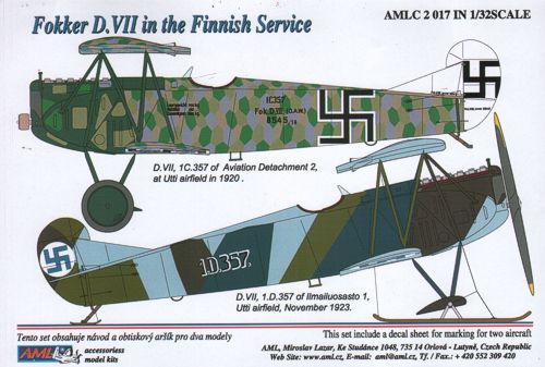AML C2017 1:32 Fokker D.VII. 2 decal versions : Fokker D.VII in the Finnish Service