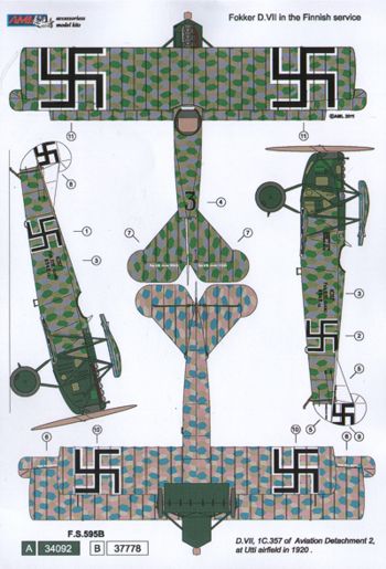 AML C2017 1:32 Fokker D.VII. 2 decal versions : Fokker D.VII in the Finnish Service