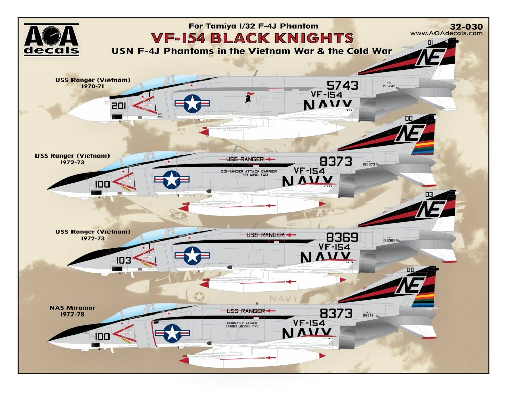 AOA Decals 32-030 1:32 VF-154 Black Knights - USN McDonnell F-4J Phantoms in the Vietnam War & the Cold War.