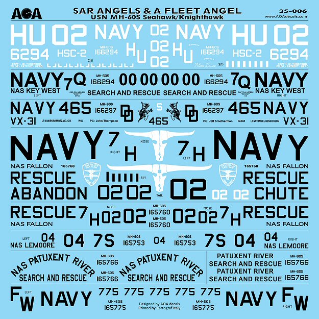 AOA Decals 35-006 1:35 SAR Angels & A Fleet Angel - USN Sikorsky MH-60S Seahawk/Knighthawk.