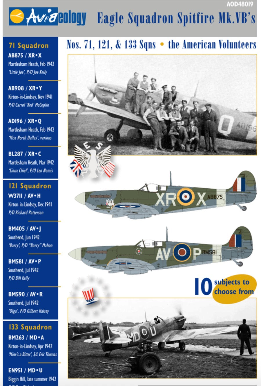 Aviaeology AOD48019M 1:48 Eagle Squadron Spitfire Mk.VBs: The American Volunteers of 71, 121, & 133 Sqns	Decals & Docs