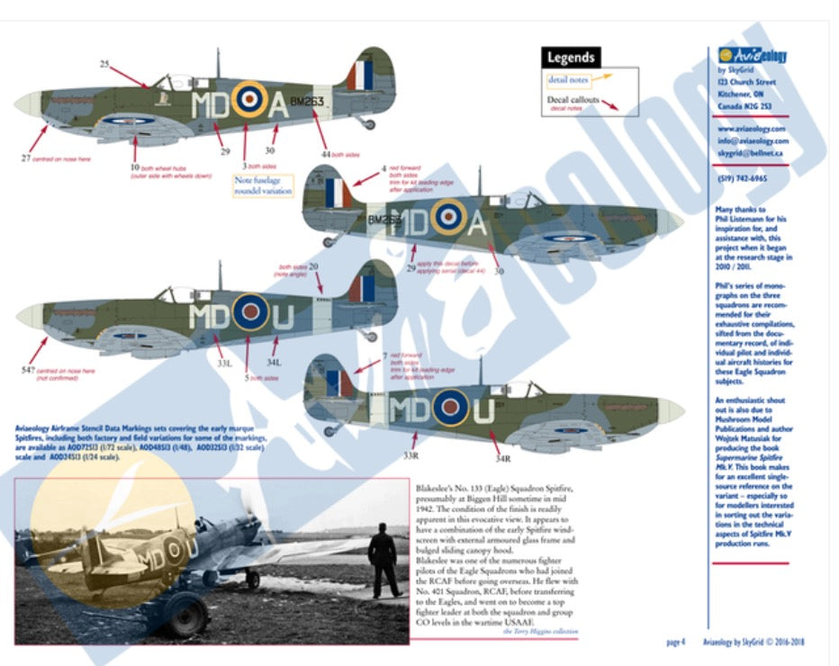Aviaeology AOD48019M 1:48 Eagle Squadron Spitfire Mk.VBs: The American Volunteers of 71, 121, & 133 Sqns	Decals & Docs
