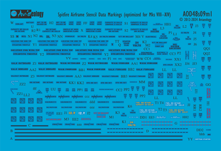 Aviaeology AOD48S09M1 1:48 Supermarine Spitfire airframe stencil/data markings (Mk.VIII & later)