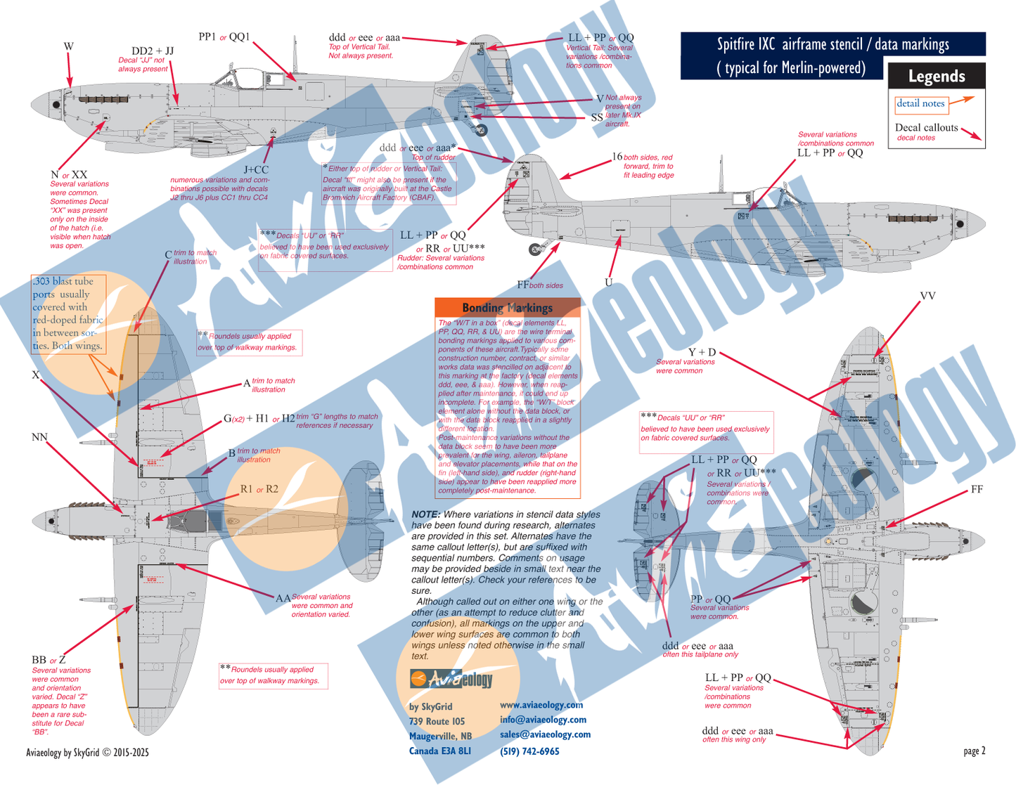 Aviaeology AOD48S09M1 1:48 Supermarine Spitfire airframe stencil/data markings (Mk.VIII & later)