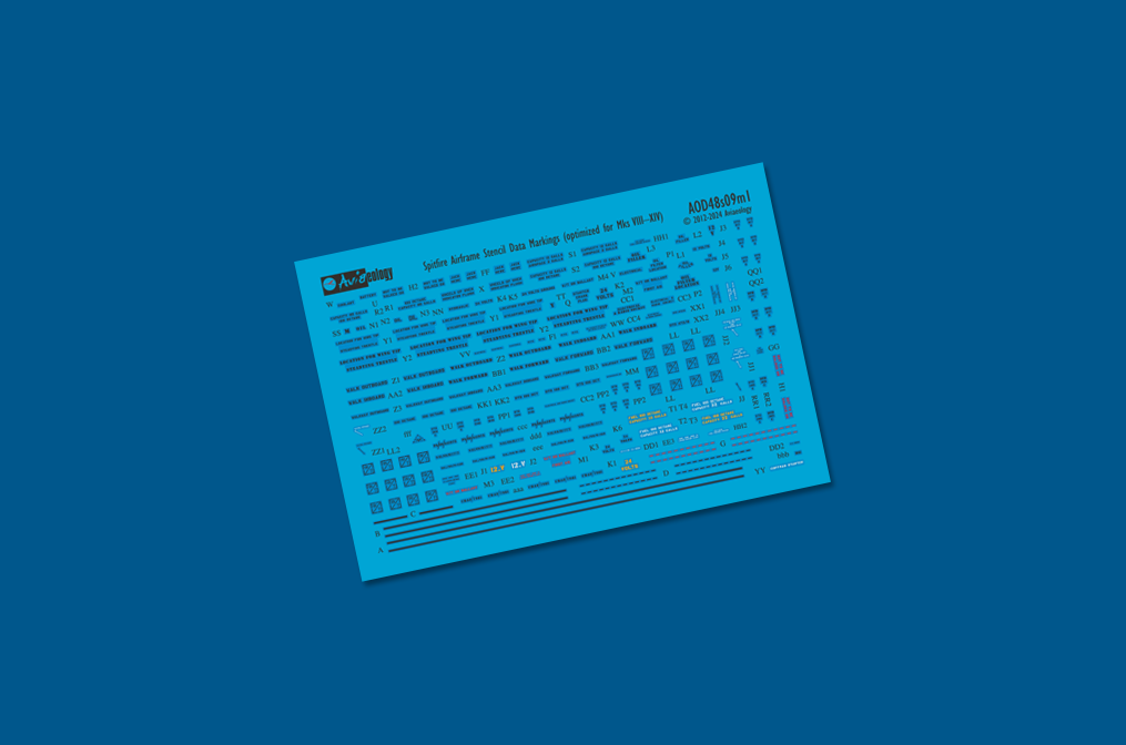Aviaeology AOD48S09M1 1:48 Supermarine Spitfire airframe stencil/data markings (Mk.VIII & later)