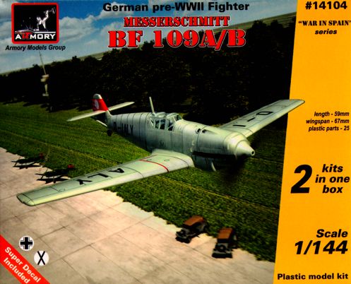 Armory 14104 1:144 Messerschmitt Bf-109A/B, German pre-WWII fighter. Includes 2 kits in the box, with PE and vacuformed parts