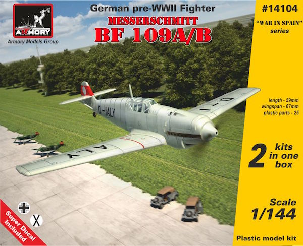 Armory 14104 1:144 Messerschmitt Bf-109A/B, German pre-WWII fighter. Includes 2 kits in the box, with PE and vacuformed parts
