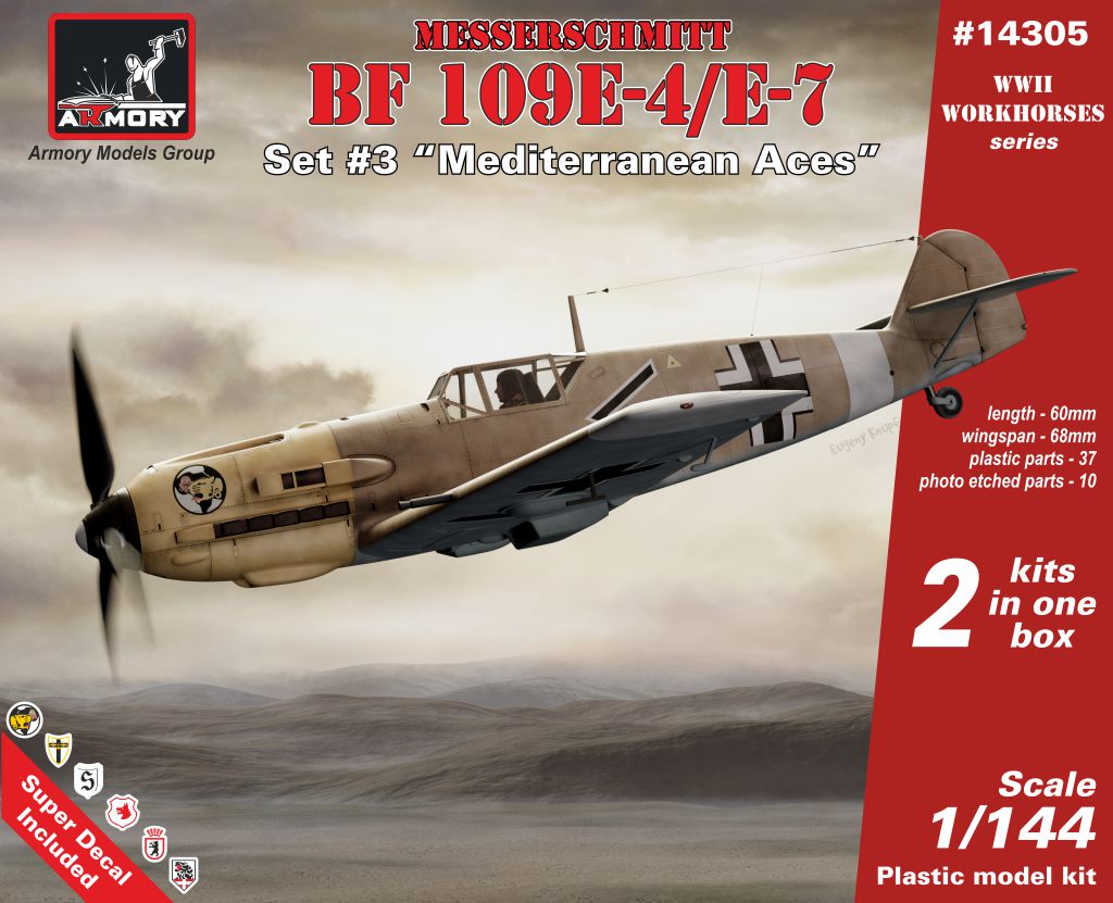 Armory 14305 1:144 Messerschmitt Bf-109E-4/E-7 'Mediterranean TO Aces' plastic injected kit with PE parts