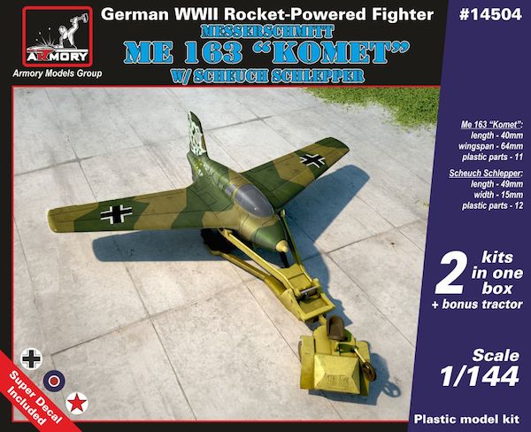 Armory 14504 1:144 Messerschmitt Me-163B 'Komet' double kit with a bonus Scheuch Schlepper tow tractor. Includes 2 Me-163B kits in the box