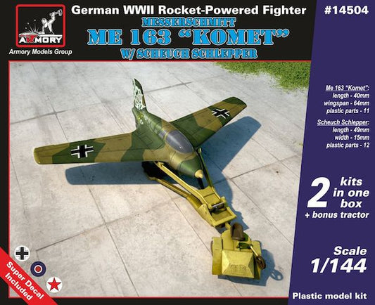 Armory 14504 1:144 Messerschmitt Me-163B 'Komet' double kit with a bonus Scheuch Schlepper tow tractor. Includes 2 Me-163B kits in the box