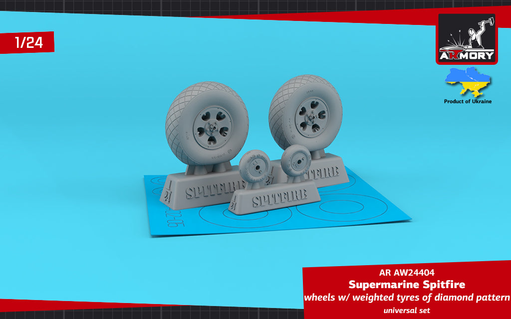 Armory AW24404 1:24 Supermarine Spitfire Mk.IXc wheels with weighted tyres of diamond pattern & 5-spoke hubs