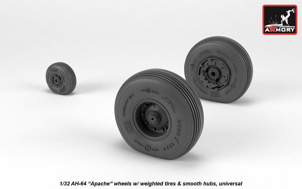 Armory AW32311 1:32 Boeing/Hughes AH-64A Apache wheels with weighted tyres, smooth hubs