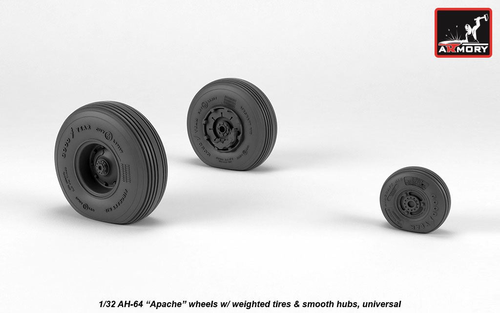 Armory AW32311 1:32 Boeing/Hughes AH-64A Apache wheels with weighted tyres, smooth hubs