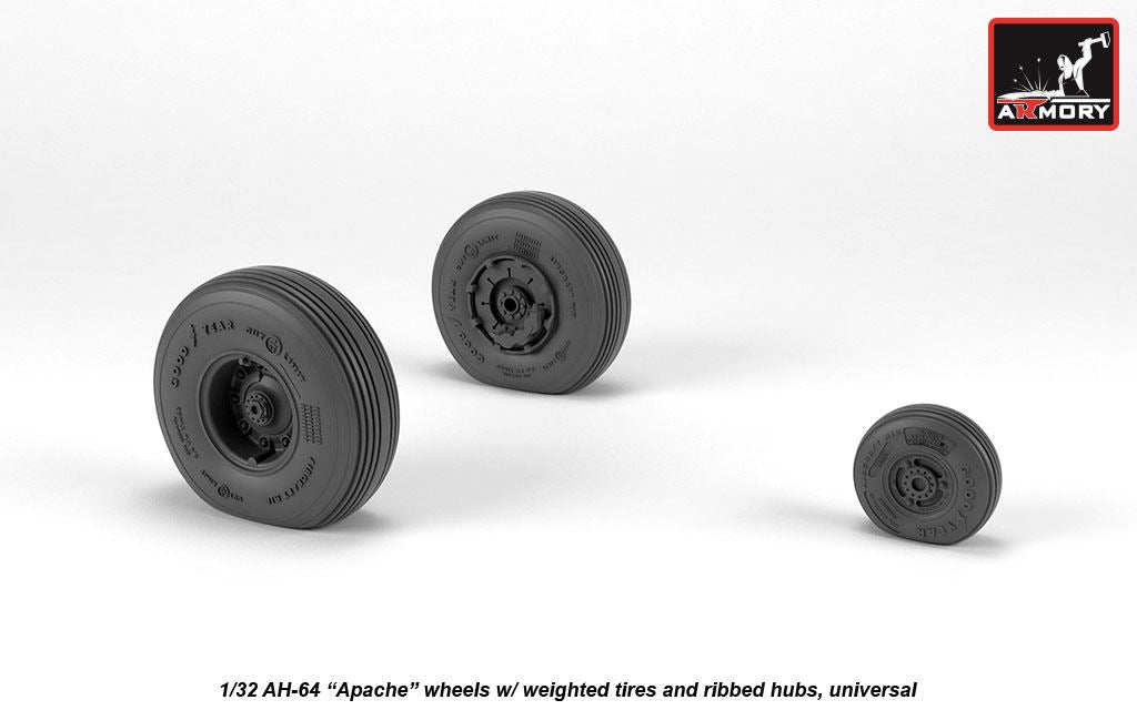 Armory AW32312 1:32 Boeing/Hughes AH-64A Apache wheels with weighted tyres, spoked hubs